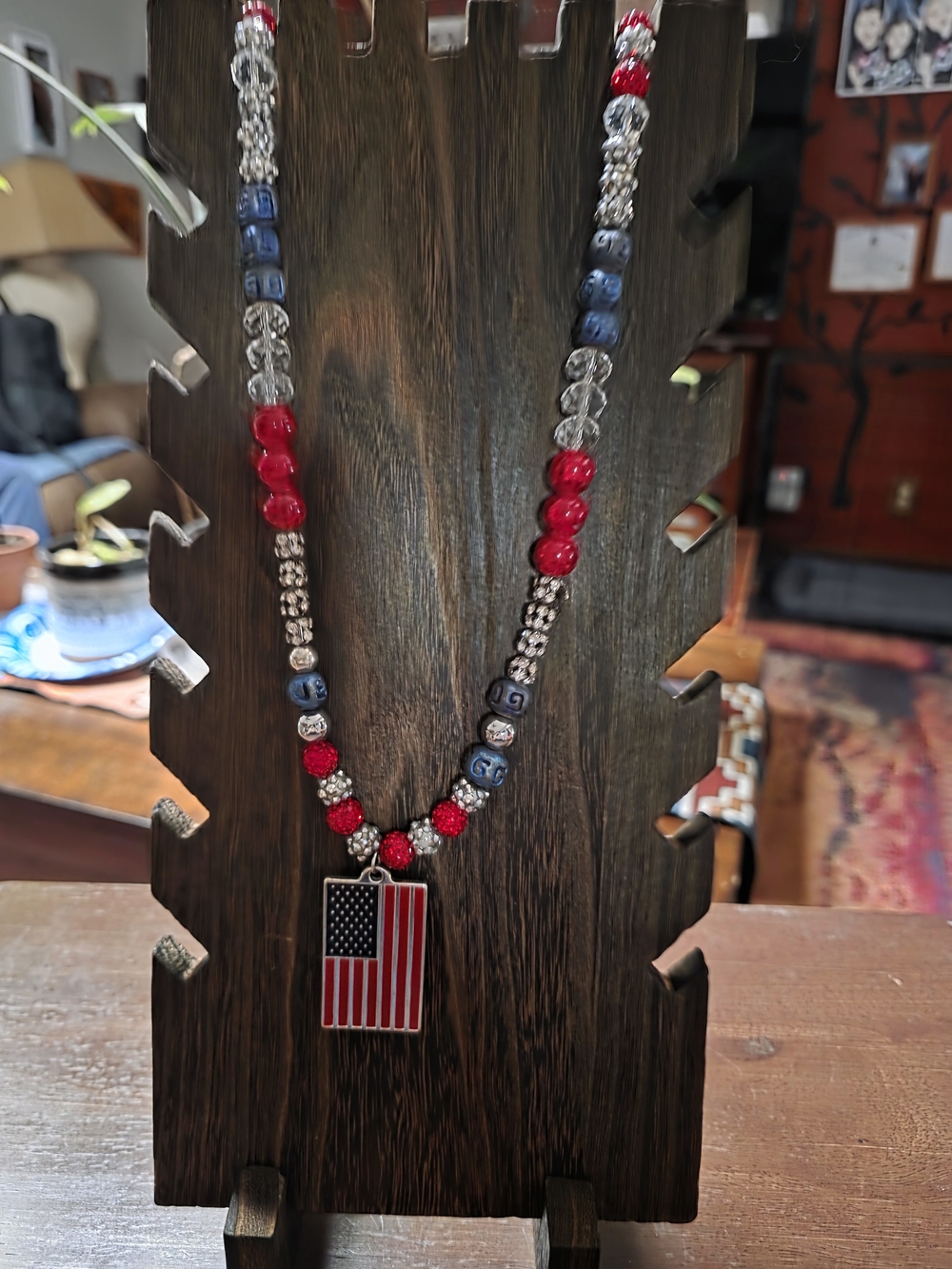 Patriotic Red, White & Blue Beaded Flag Pendant Necklace